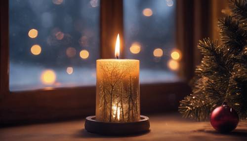 A calming Christmas Eve night scene of a lit candle by a window, the flame reflecting off the frosty glass, and the silhouette of a Christmas tree in the background.