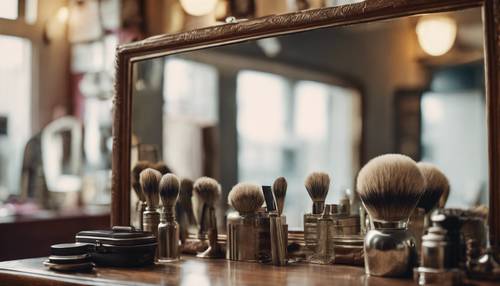 A narrow antique mirror in a vintage barber shop, reflecting an old-fashioned shaving kit.