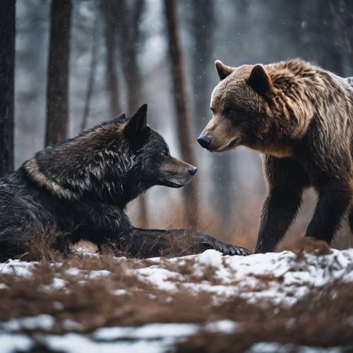 A dark wolf in fierce battle with a large grizzly bear in the wild. Tapet [6afdfc0a542d4732815b]