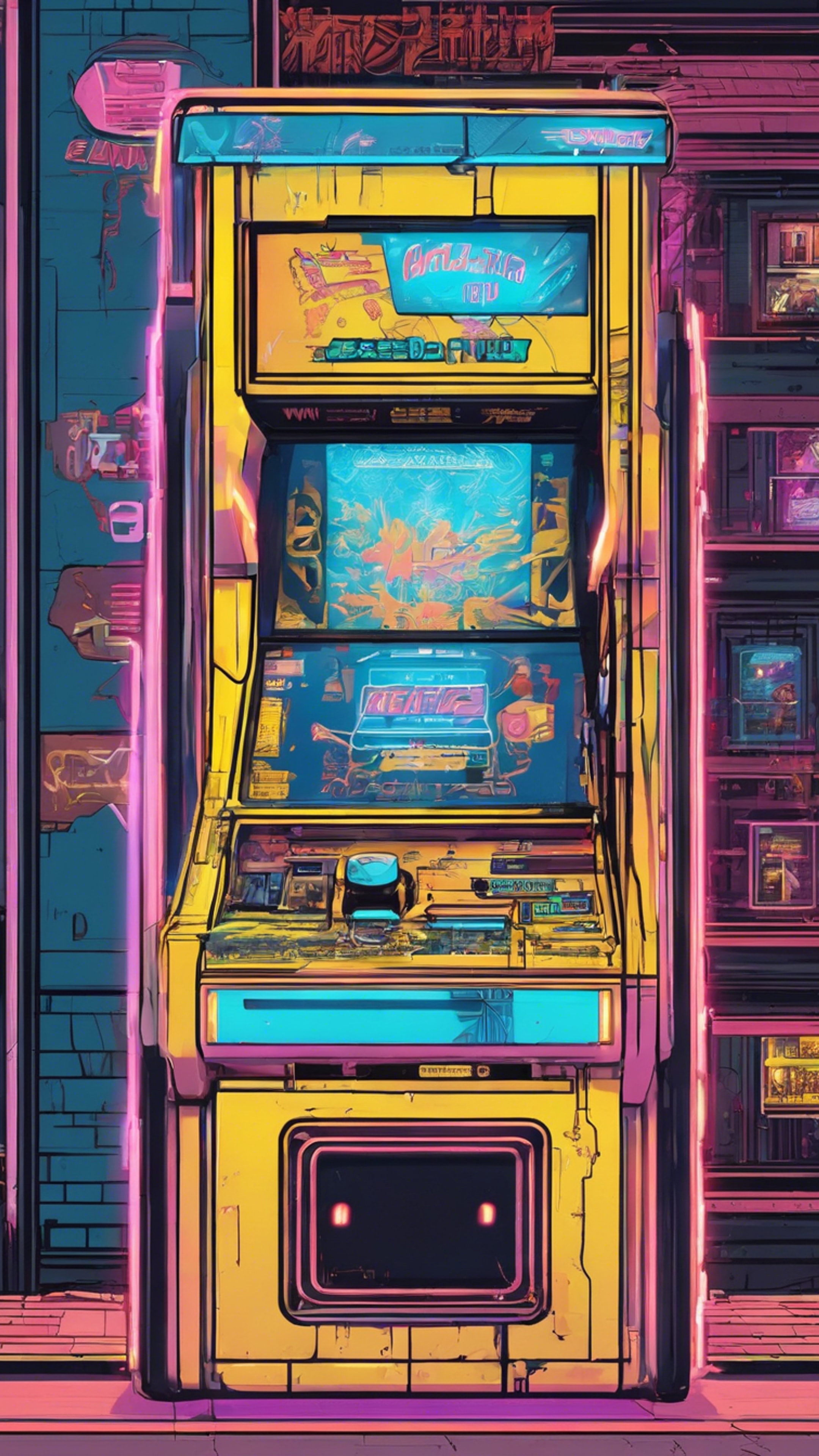 A vintage arcade machine with blue and yellow detailing, set in a retro game shop. Tapet[7a93d221b5de45b8b20a]