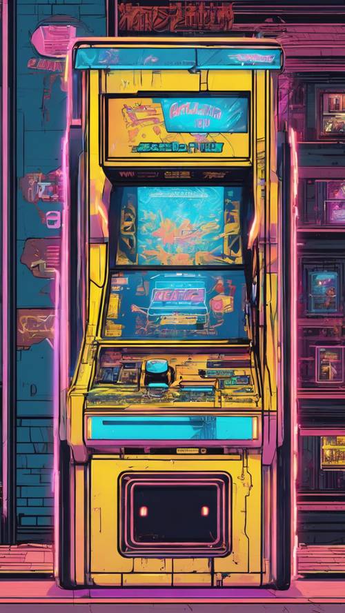 A vintage arcade machine with blue and yellow detailing, set in a retro game shop.