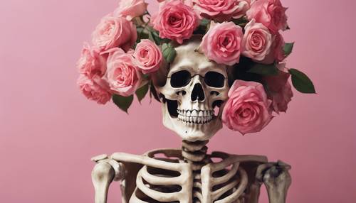Una pintura detallada de un bodegón de un esqueleto rosa rodeado de rosas.