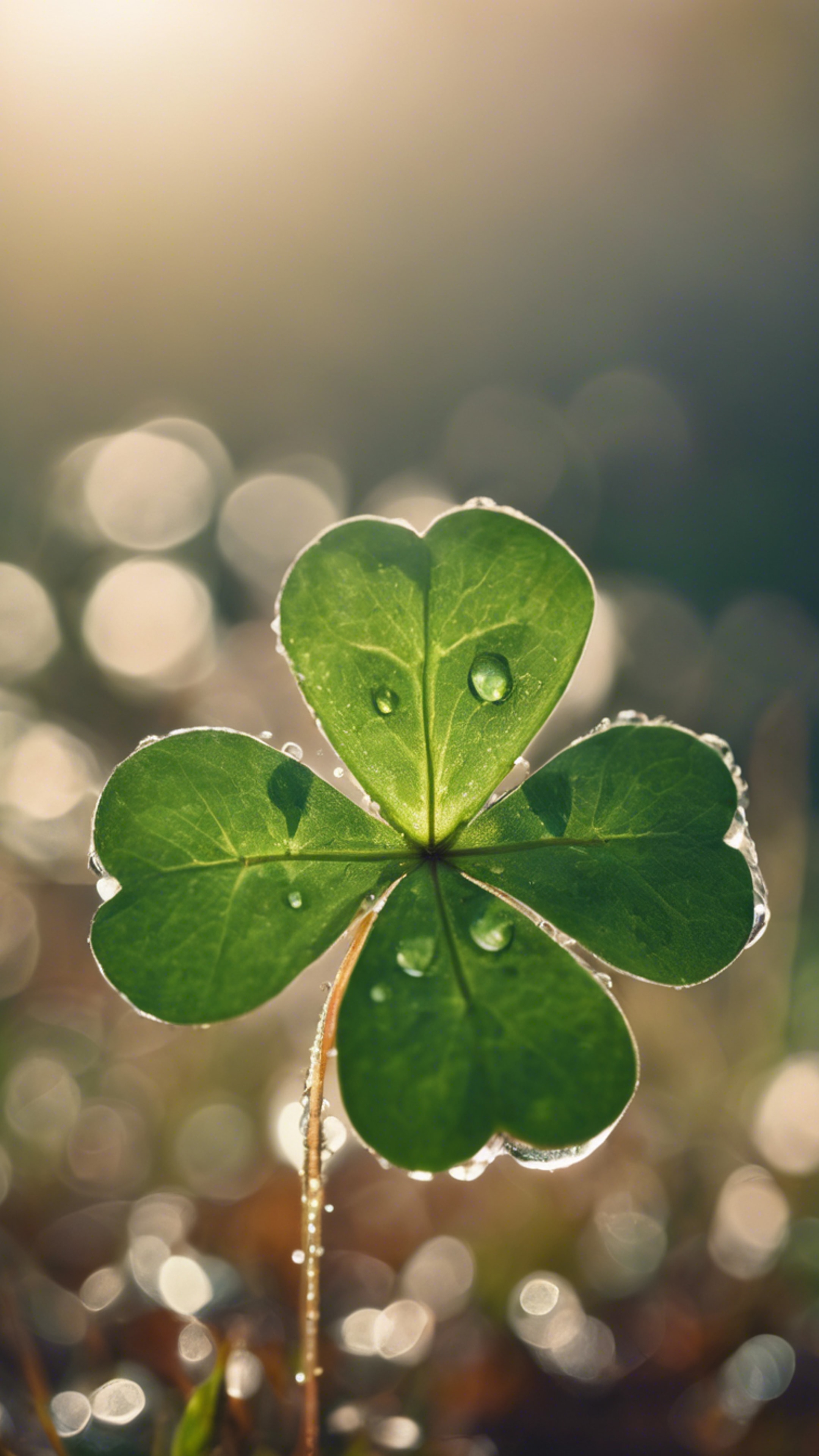 A close-up view of a four leaf clover gleaming in the morning dew. Tapéta[b8d84a1222284df192e8]