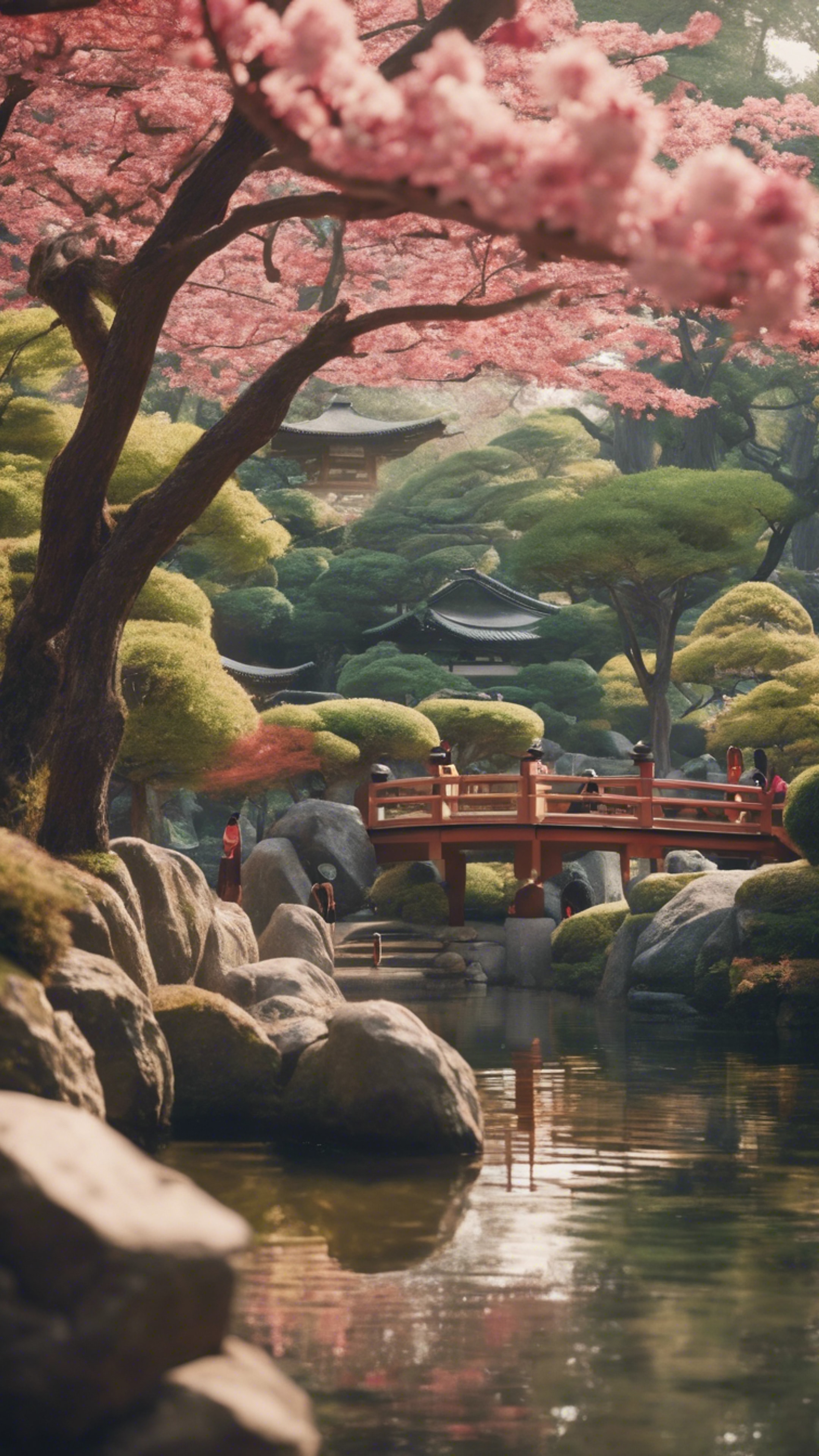 A panoramic view of a Japanese garden where a group of people gathered in colorful kimonos for a tea ceremony. Тапет[1fa8ffa7d27348bdb8c2]