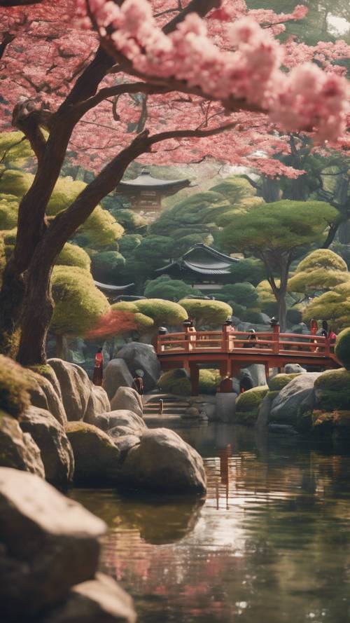 Панорамный вид на японский сад, где группа людей в ярких кимоно собралась на чайную церемонию.