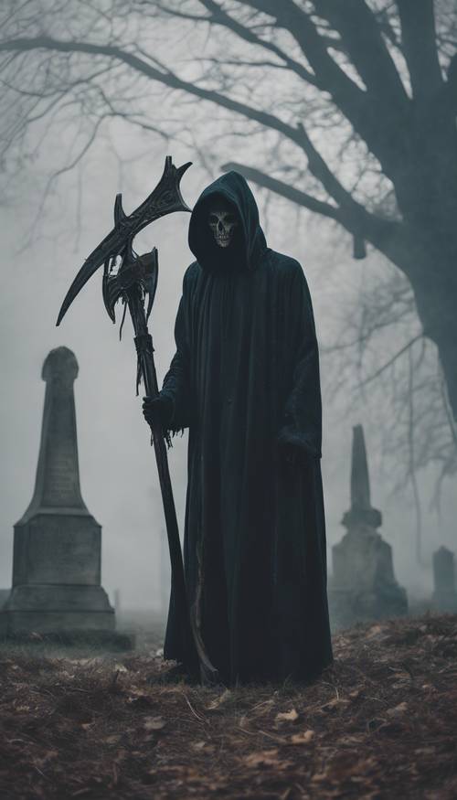 A foreboding hooded spectre carrying a scythe, standing at the edge of a foggy graveyard.