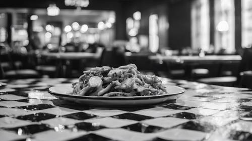 Um jantar velho e gorduroso com piso de linóleo xadrez preto e branco.