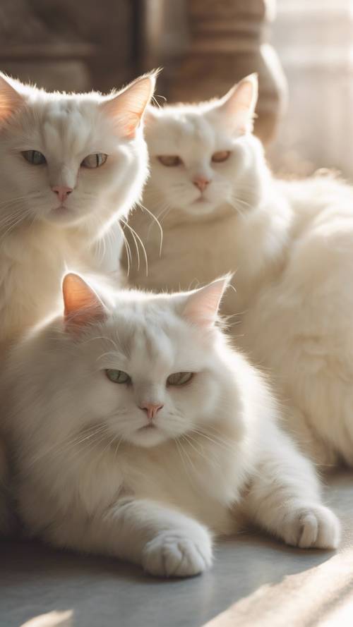 Um grupo de gatos brancos mais velhos relaxando em uma sala iluminada pelo sol, seus pelos brilhando na claridade e seus olhos semicerrados em conforto.