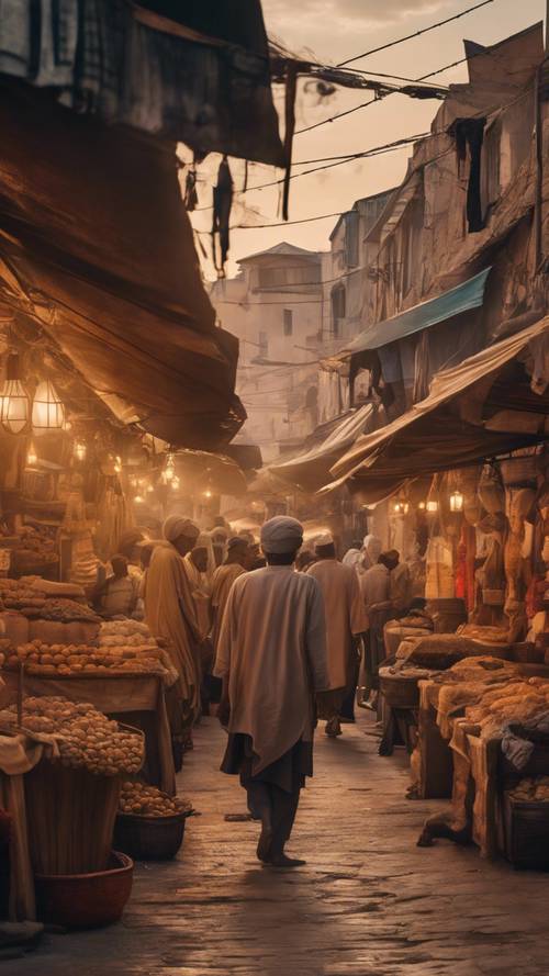 Pemandangan dari jalan yang dipenuhi pedagang di Arrakeen, di bawah sinar matahari terbenam sementara azan berkumandang.
