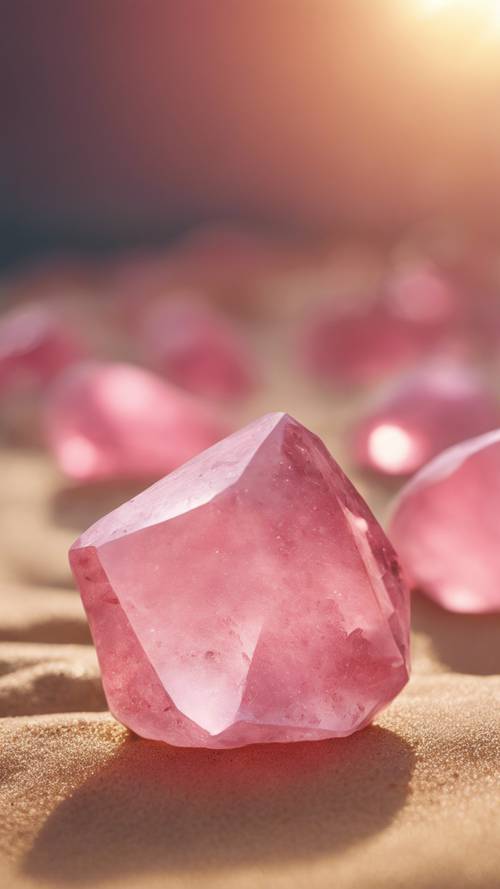 Piedras de cuarzo rosa esparcidas sobre brillantes arenas doradas bajo el cálido resplandor del sol.