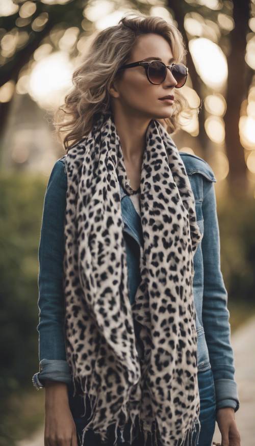 A vintage gray leopard print scarf fluttering in the evening breeze.