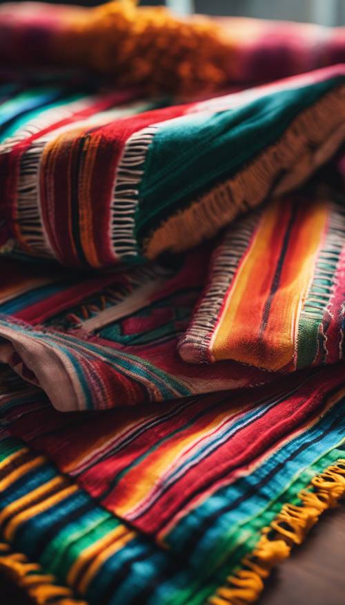 A vibrant Mexican serape blanket draped casually over a table Tapet [8574f2da451549f7a4ba]