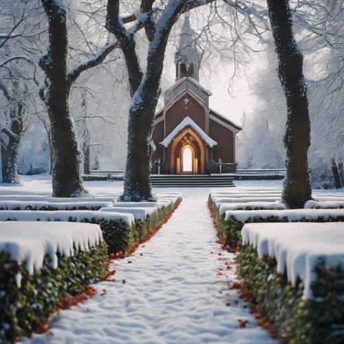 A view of a snow-covered lawn with neat paths leading to a chapel, reverberating with the sound of Christmas carols. Ფონი [b3ee111f3d59494b9978]