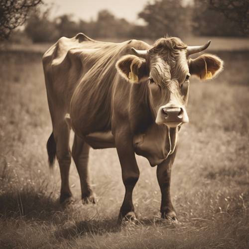 Una fotografia vintage in tonalità seppia della stampa riccamente strutturata di una mucca marrone