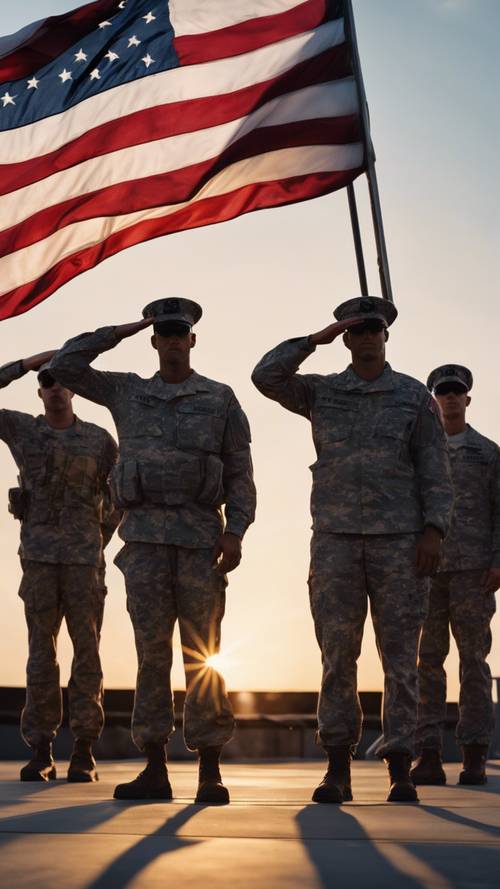 Navy soldiers saluting the American flag during sunrise on 4th of July.