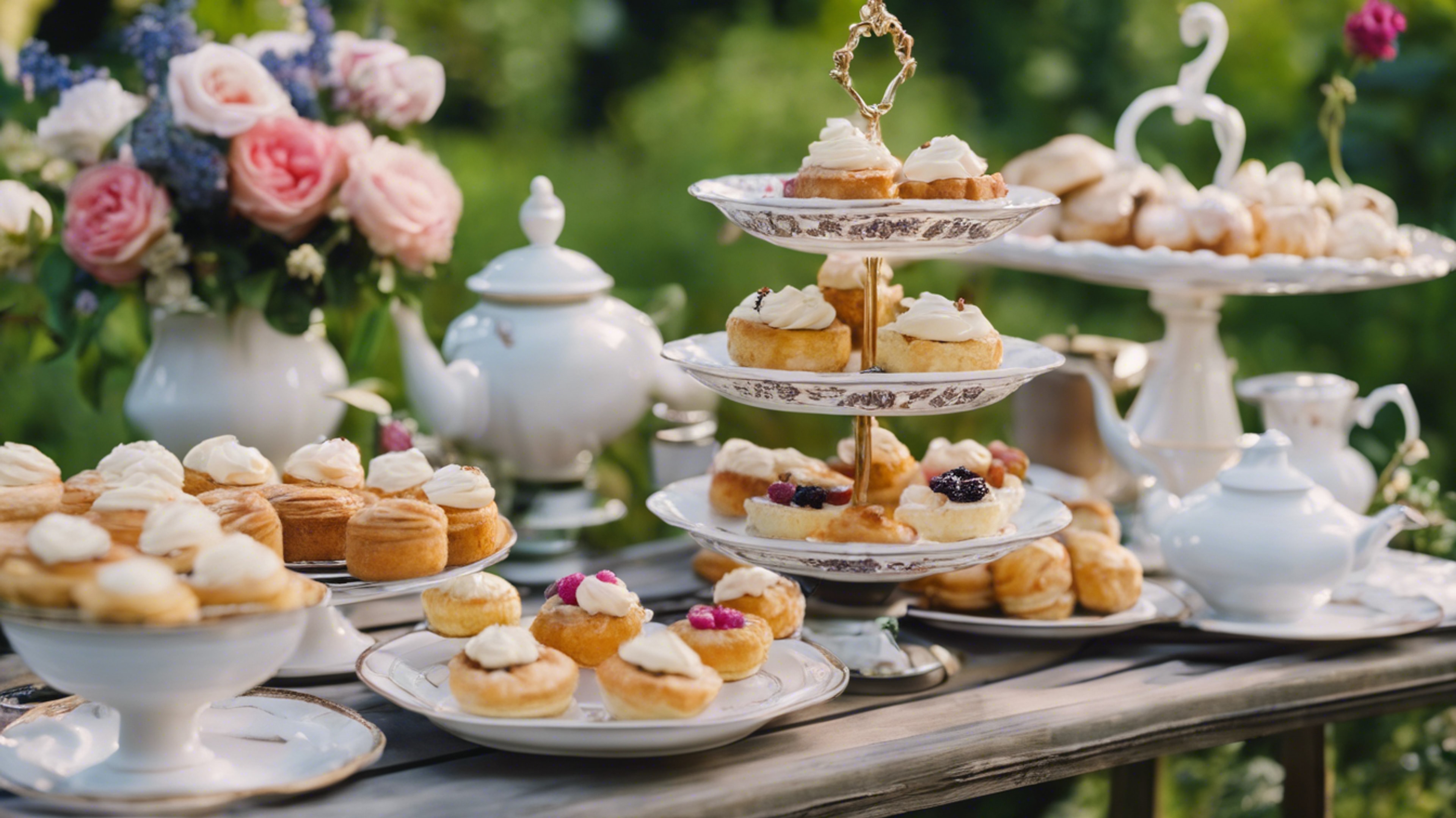 A delicious preppy summer tea party in the garden, with scones, cakes, and pastries displayed on tiered stands, and a pot of brewed tea. Wallpaper[d93ead9709664ab6b678]