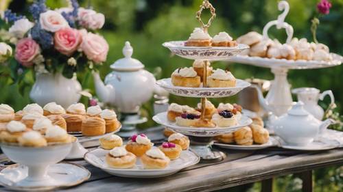 A delicious preppy summer tea party in the garden, with scones, cakes, and pastries displayed on tiered stands, and a pot of brewed tea.