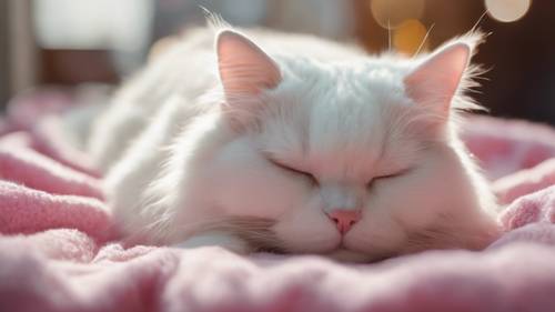 Seekor kucing putih berbulu halus tidur nyenyak di atas selimut bermotif sapi merah muda.