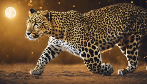 Золотой леопард преследует свою добычу в лунном свете