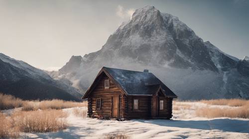 一间孤独的小屋坐落在一座大山的阴影下。