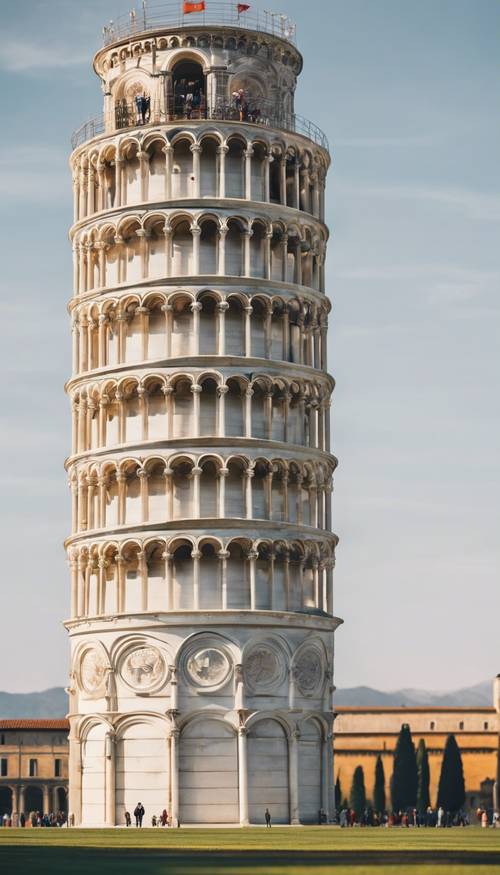 Menara Miring Pisa berdiri tegak dan megah di bawah sinar matahari sore.