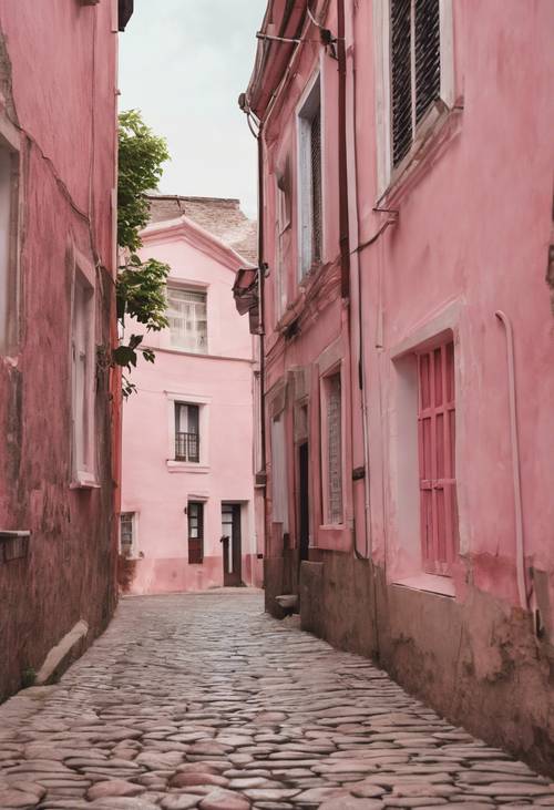 A narrow, winding cobblestone road lined by aged buildings washed in pastel pink.