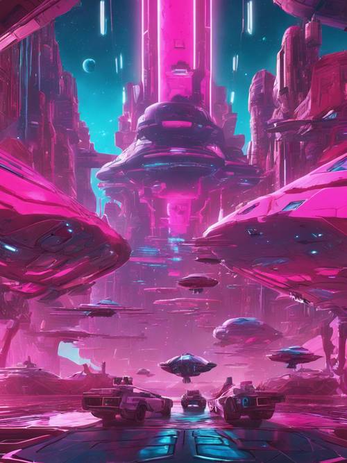 Ein wunderschönes Standbild aus einem Weltraum-Strategiespiel mit rosa und blauen Galaxien und Raumschiffen.