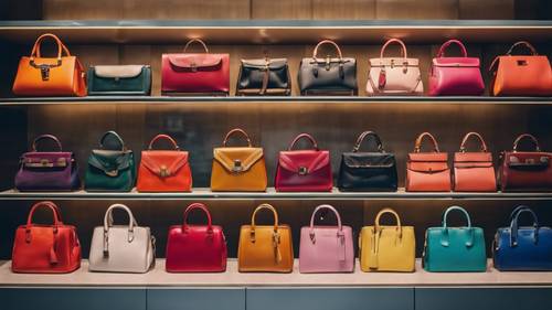 An array of colorful leather handbags displayed in a posh boutique.