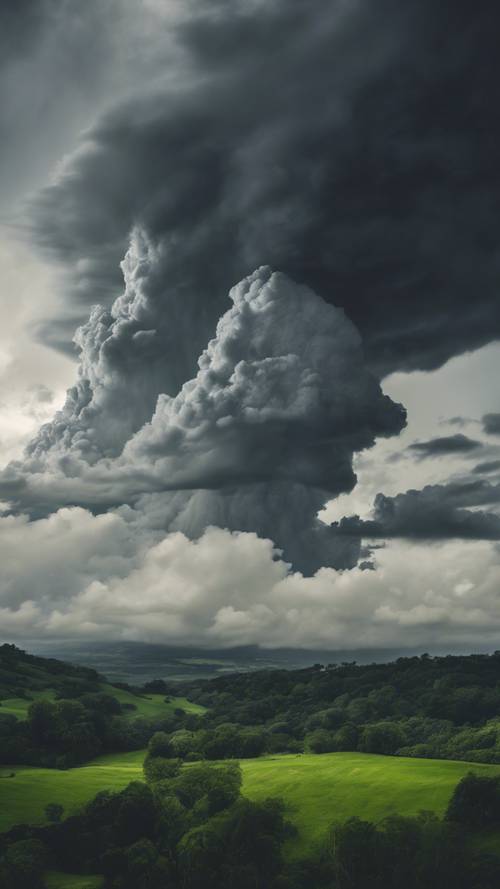 A gray storm cloud formations amidst a turbulent sky, casting shadows on the verdant landscape below.