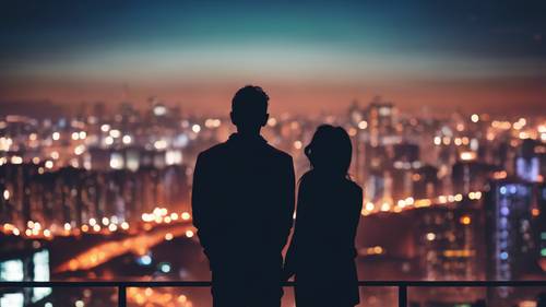 An emo couple's silhouette against vibrant city lights, symbolizing their bond amidst urban life.