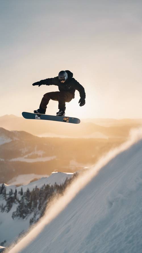Snowboarder melompat tinggi dari langkan cornice, diposisikan melawan rendahnya sinar matahari sore.