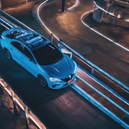 Eine Luftaufnahme eines leuchtend neonblauen Autos auf einer spiralförmigen Überführung