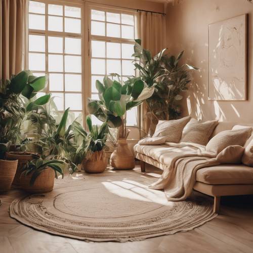 Салон в стиле бохо кремового цвета с пышными комнатными растениями и деревянным полом