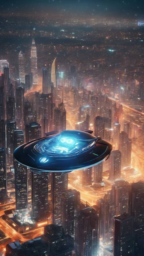Świecący statek kosmiczny unoszący się nocą nad futurystycznym krajobrazem miasta, skąpany w obcym blasku.