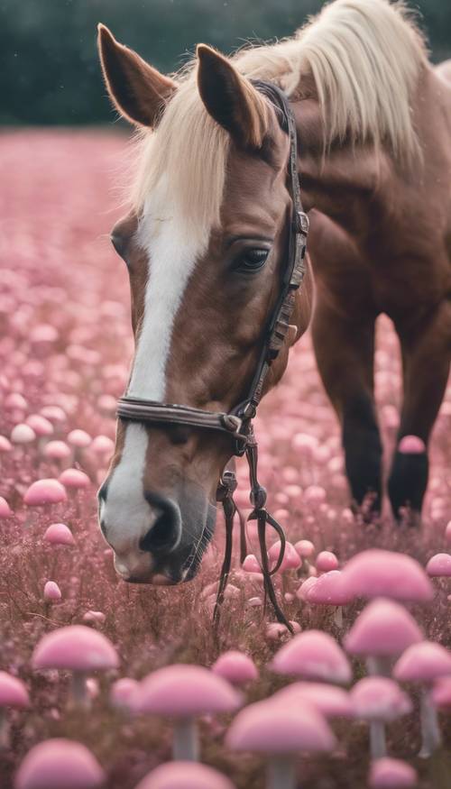 Seekor kuda sedang merumput di padang rumput yang dipenuhi jamur kecil berwarna merah muda.