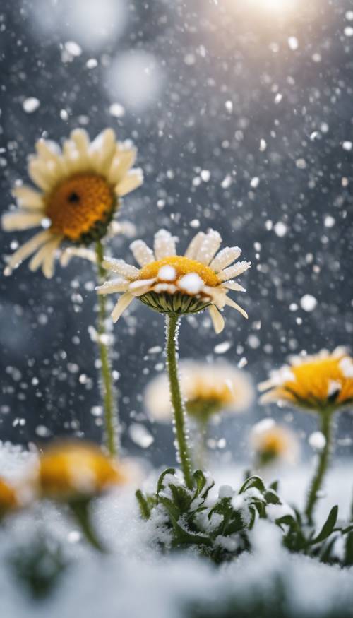 Bunga aster retro mengintip melalui hujan salju segar