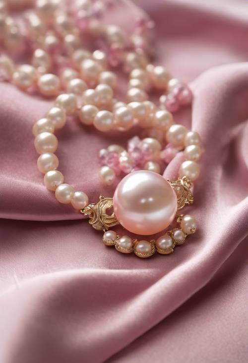 Un delicado collar vintage de perlas rosas sobre un cojín de terciopelo.