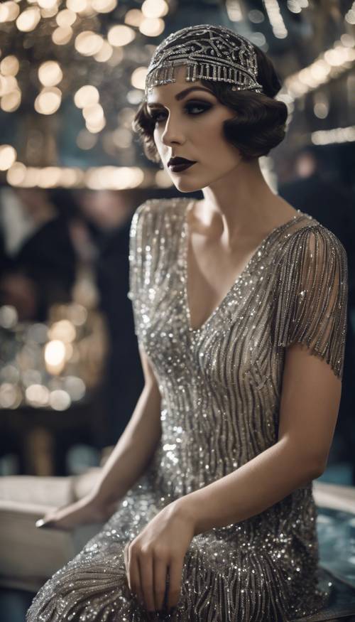 一件闪耀着黑色和银色亮片的 20 世纪 20 年代盖茨比风格的连衣裙。