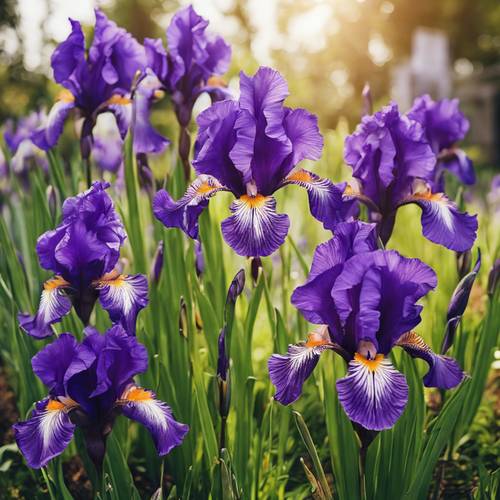 A group of majestic purple irises blooming in a summer garden.