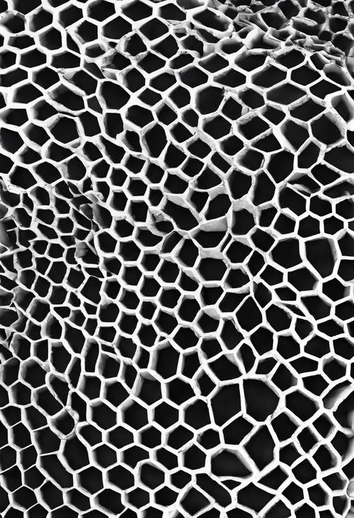 An irregular pattern inspired by the complex structure of a honeycomb rendered in black and white.