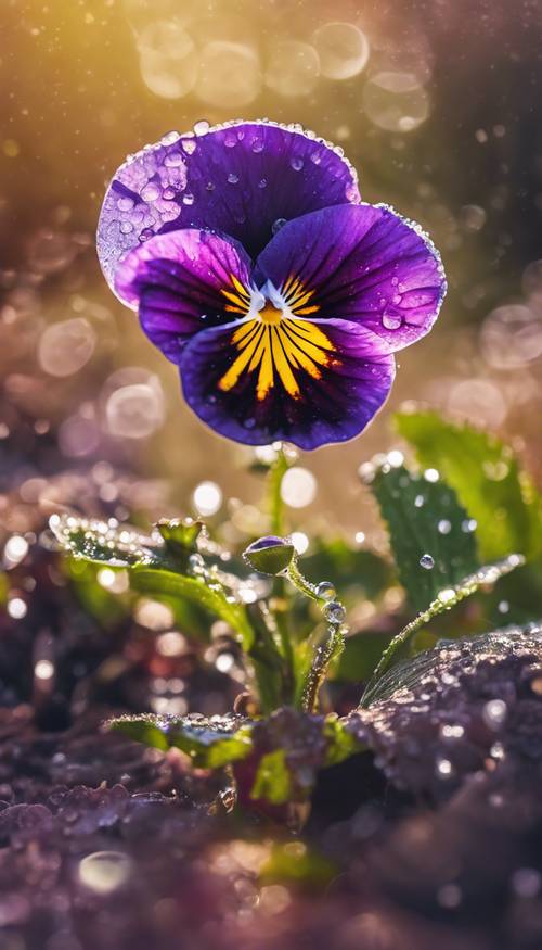 A single vivid purple pansy with dew drops on the petals, reflecting the early morning sunshine.
