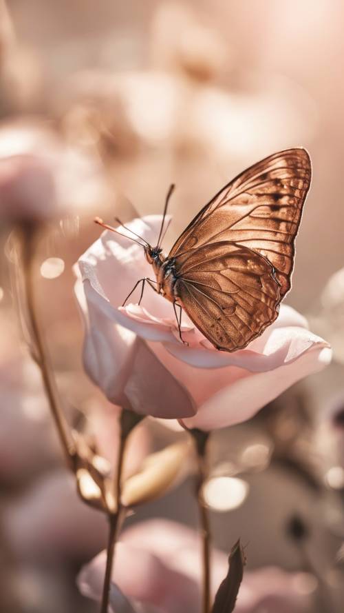 一隻玫瑰金蝴蝶停在花朵上。