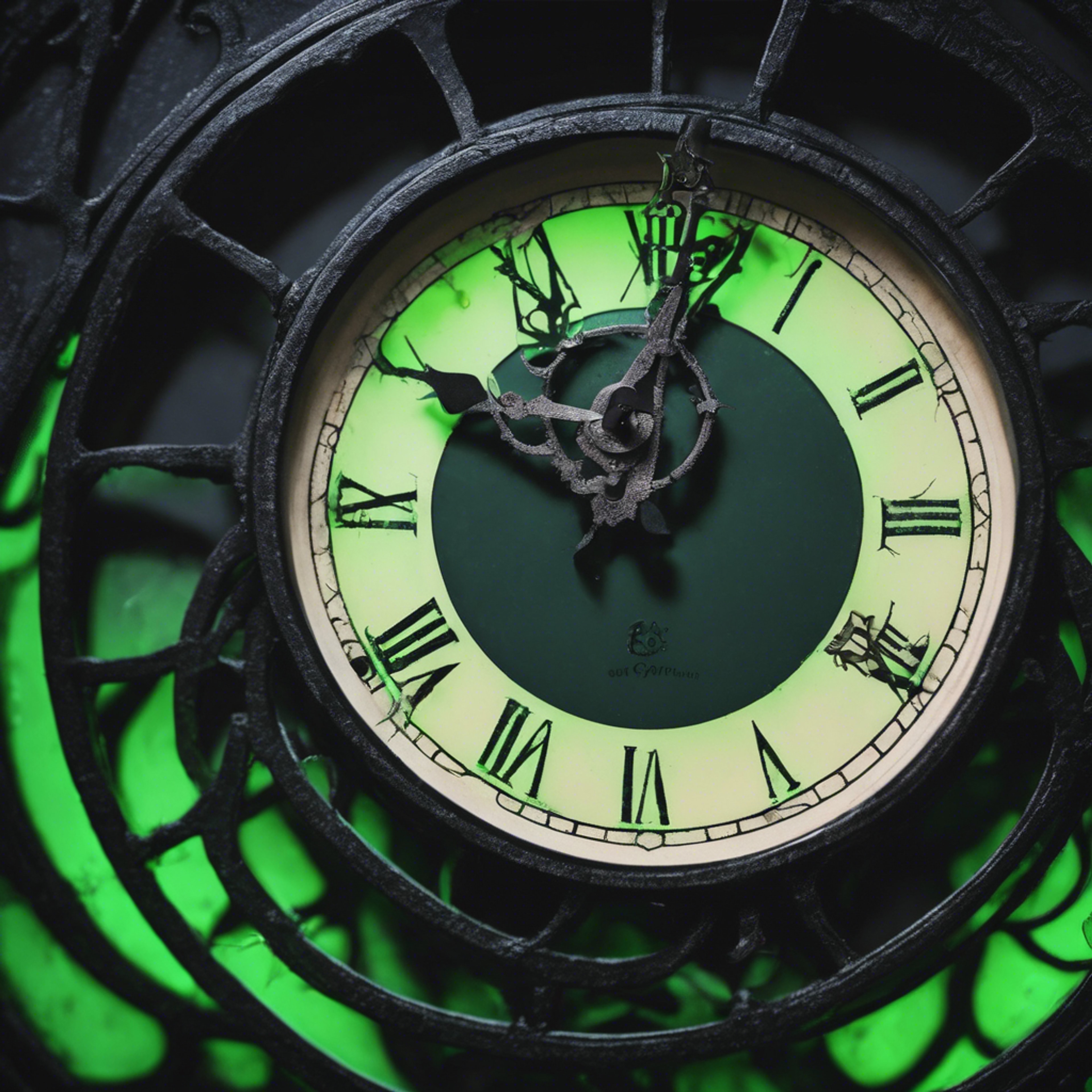 Gloomy close-up of a black, gothic clock face lit by eerie green glow. Wallpaper[48180ef07a604440866d]