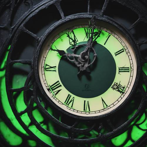 Ponure zbliżenie czarnej, gotyckiej tarczy zegara oświetlonej niesamowitą zieloną poświatą.