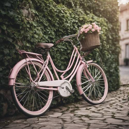 Uma bicicleta vintage rosa e branca encostada numa parede rústica coberta de hera.