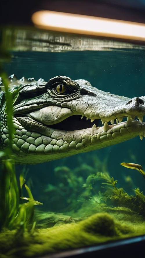 水族馆中一条鳄鱼沉入深处，露出腹部。