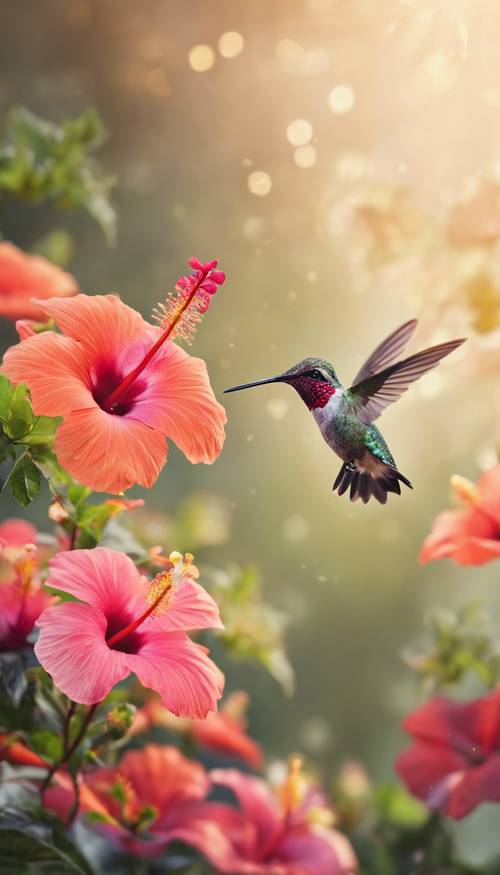 Ein kleiner Kolibri, der im Frühling über leuchtenden Hibiskusblüten schwebt.