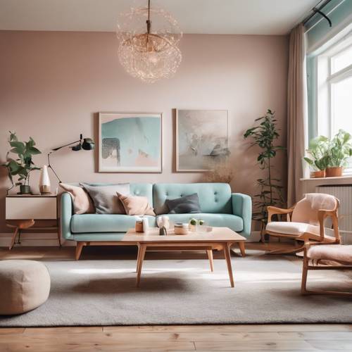 Living room interior in Danish mid-century style with pastel tones.