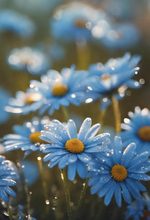Blaue Gänseblümchen im sanften Morgenlicht, mit Tau, der auf ihren Blütenblättern glitzert.