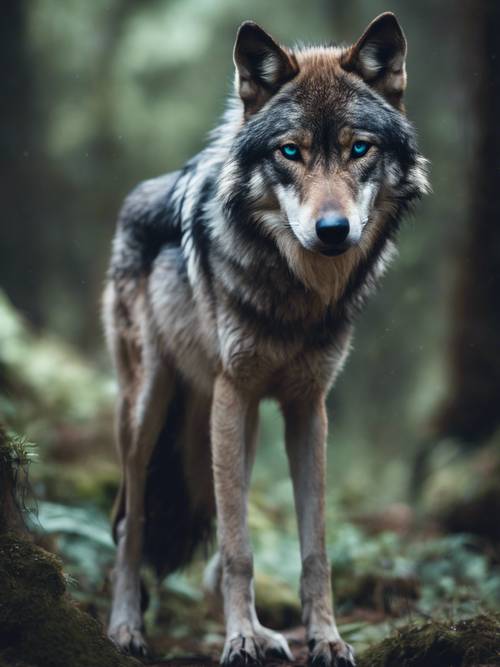 Ein einsamer gotischer Wolf mit blaugrünen Augen streift durch die Dunkelheit eines uralten Waldes.